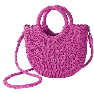 Women's Rose Red Straw Beach Woven Crossbody Shoulder Top Handle Satchel Handbag